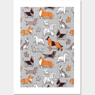 Origami doggie friends // pattern // grey linen texture background Posters and Art